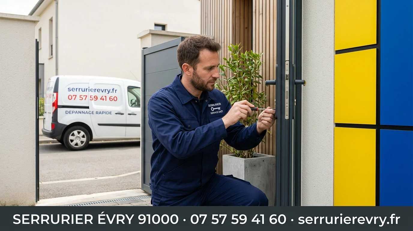 Serrurier Évry 91000 en intervention avec bannière coordonnées